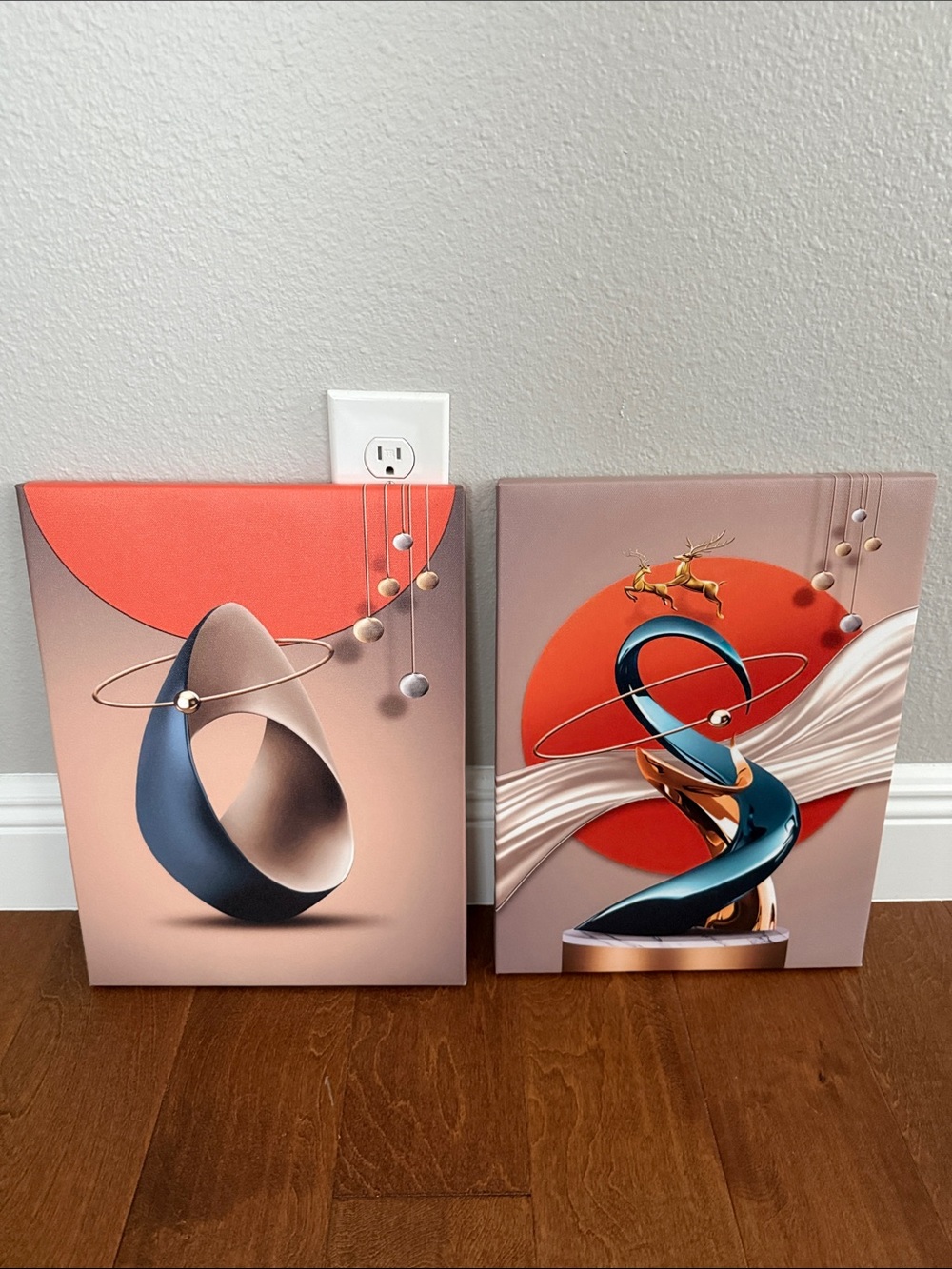 Modern Abstract Wall Art Duo - Coral, Teal & Gold Accents